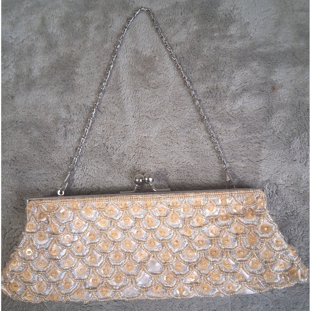 Bijoux Terner Vintage Beaded Sequin Clutch Bag Gold Art Deco Scalloped Y2K Purse